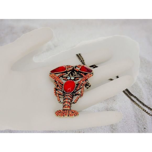 New Original Tag. Immaculate Red Crystal Blue Eyed Lobster Pendant Pin - Picture 3 of 5